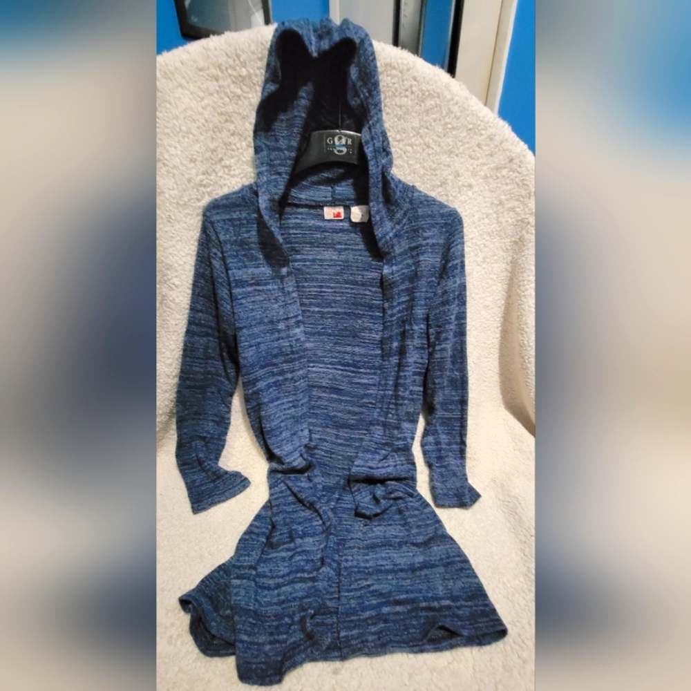 Tilt Med Cardigan hooded blue and black.  Size Med. Long, down to the knees.